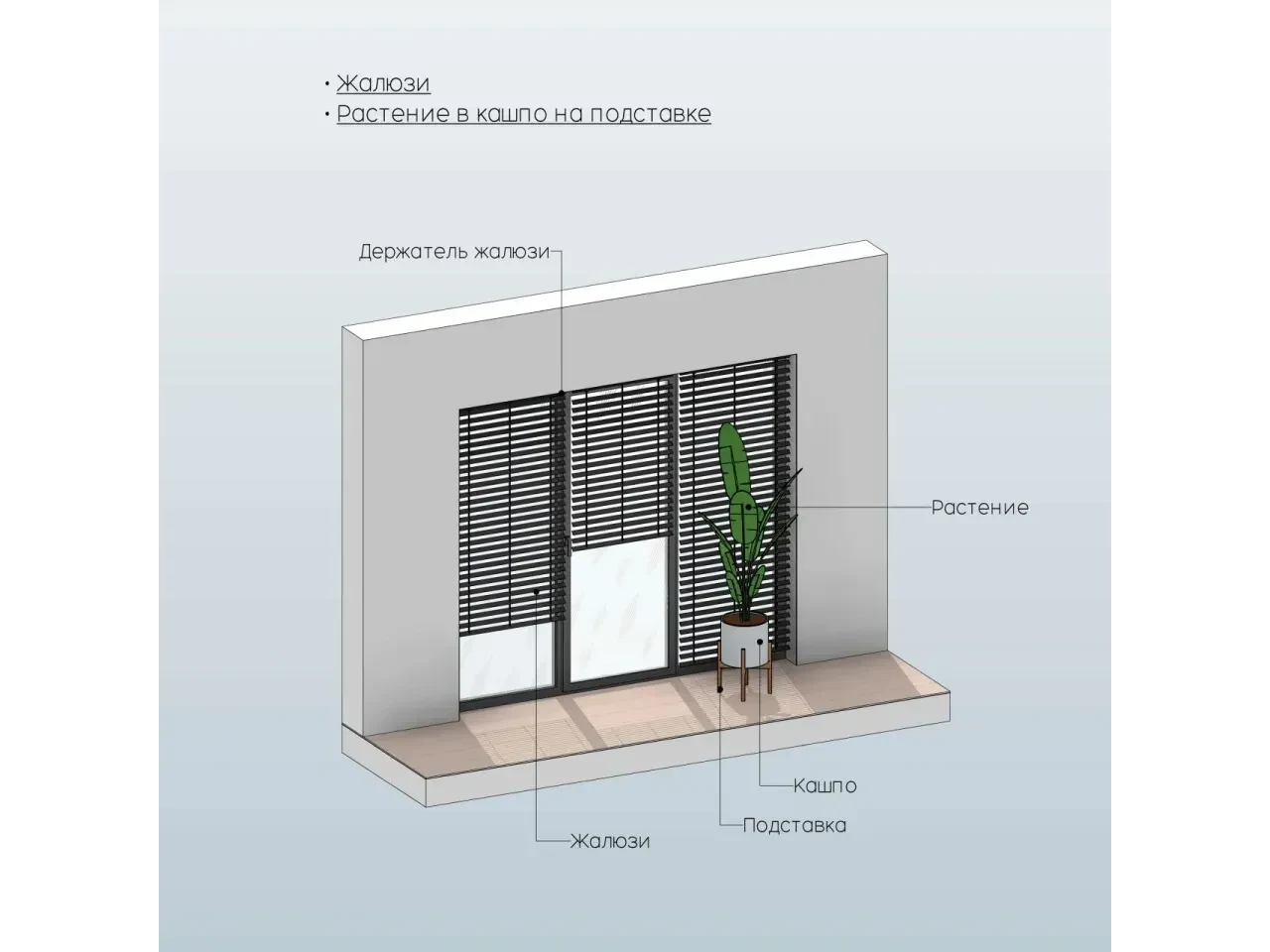 Жалюзи и растение в кашпо — 3D модель для Revit, категория «Декор»